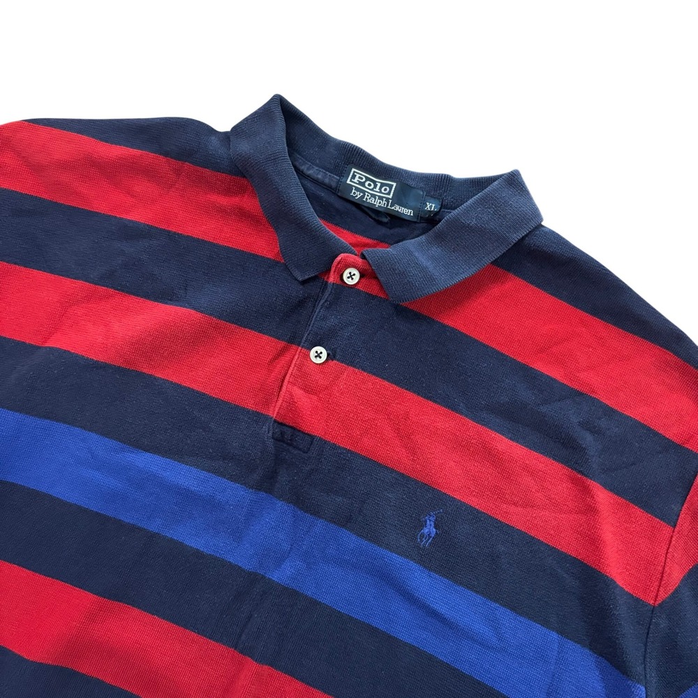 POLO RALPH LAUREN Polo Shirt Mens XL Red Navy Blue Striped Cotton Pony Logo